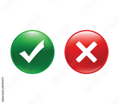 Fotografija Glossy green check mark and red cross icons in shiny circles for approval and rejection