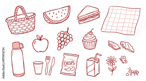 Hand drawn picnic elements including basket food drink and checkered blanket for outdoor meal