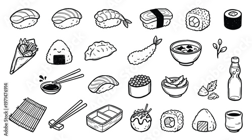 Hand Drawn Sushi Icons and Japanese Food Elements Collection for Culinary Designs and Asian Cuisine Themes