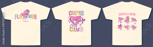 Pastel T-shirt designs with groovy cupid heart illustration and trendy typography. Fun slogans 'Flower Power' and 'Cupid Club' in retro style.