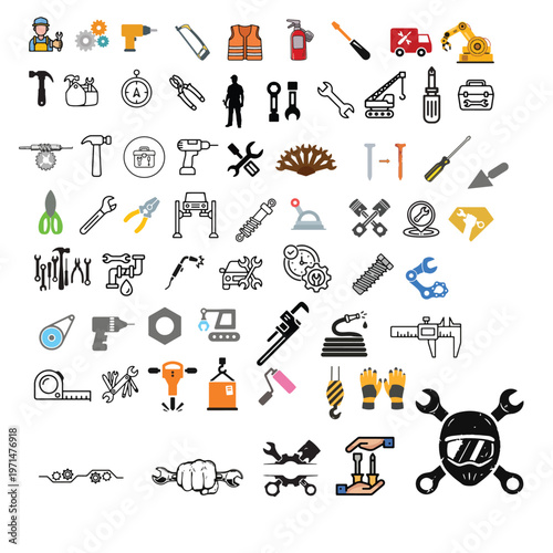 mechanics tools icons, set of repair and maintenance tool icons with wrench gear hammer and screwdriver silhouette vector illustration on transparent background, Set of 25 black industrial tools vecto