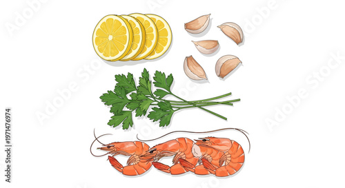 Shrimp with lemon slices garlic and parsley for seafood recipe