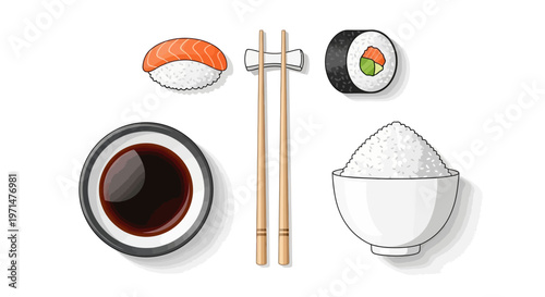 Sushi food illustration with chopsticks soy sauce and rice