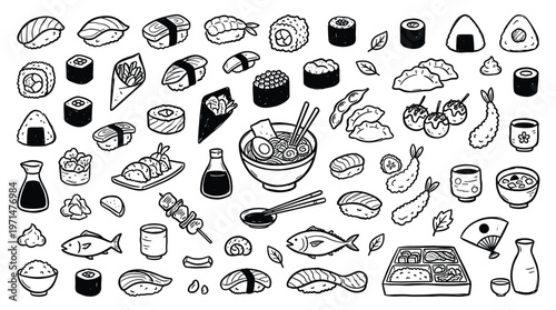 Japanese Food Assortment Hand Drawn Sketch Style Collection
