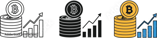 Bitcoin growth chart vector illustration set showing increasing cryptocurrency value with stacks of golden digital coins and upward trend arrows