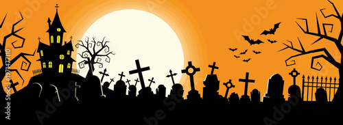 Spooky Halloween graveyard scene with a haunted house. Full moon and bats over a cemetery silhouette. Vector illustration for a horror background
