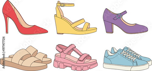 Women Footwear Illustration Set Featuring Heels, Wedges, Sandals, Sneakers, and Slides in Trendy Colors for Fashion, Summer Style, and Shoe Design