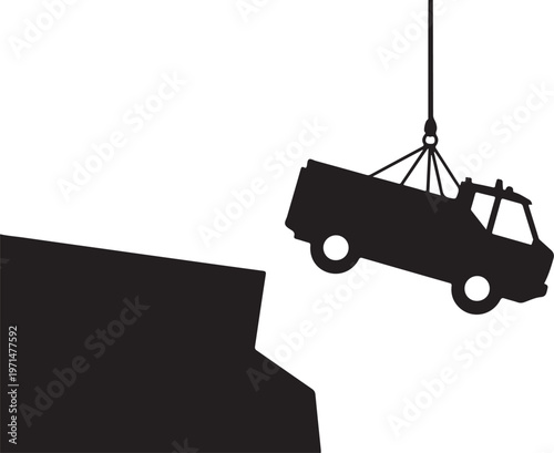 Black silhouette truck being lifted, rescue vehicle icon, transportation symbol, industrial graphic