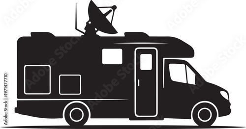 Black RV, motorhome, camper van, recreational vehicle, travel trailer, vector icon