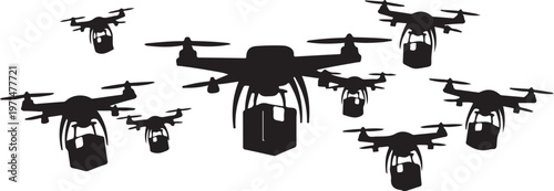 Drone swarms, flying robots, black silhouette icons, technology vector graphics