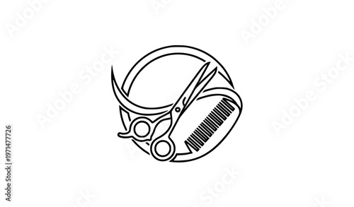 Modern barber scissors and comb monoline logo design continuous line art vector isolated on white