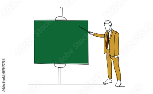 Continuous single line sketch drawing of standing business man doing presentation pointing on board screen projector with stick explain something. One line art vector illustration editable stroke	