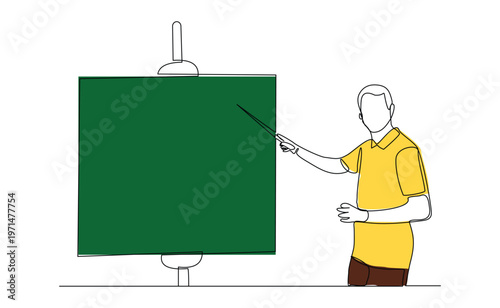 Continuous single line sketch drawing of standing business man doing presentation pointing on board screen projector with stick explain something. One line art vector illustration editable stroke	