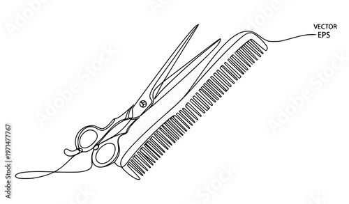 Hand drawn style realistic scissors and comb continuous line vector illustration for hair salon isolated on white background