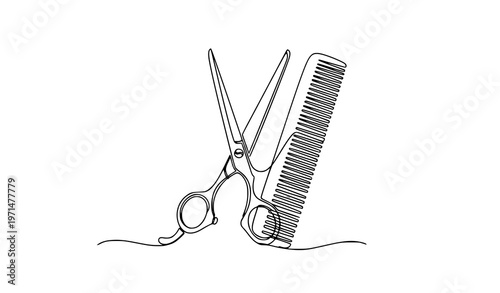 Realistic scissors and comb continuous line icon vector for barber shop branding isolated on white background
