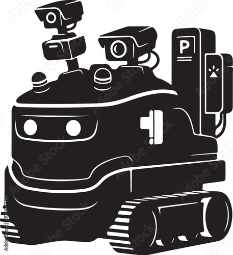 Black robot vector, parking enforcement bot, security camera drone, industrial design element