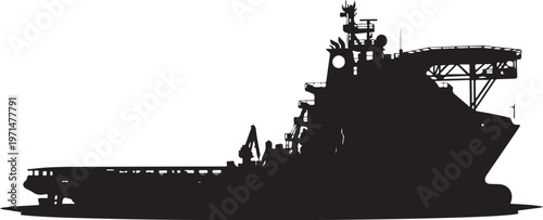 Industrial cargo ship, vessel silhouette, black industrial boat, commercial transport