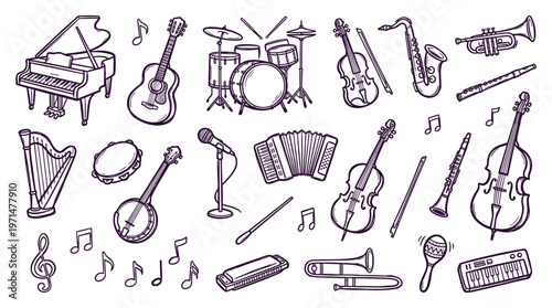 Collection of Hand Drawn Musical Instruments and Symbols for Creative Projects