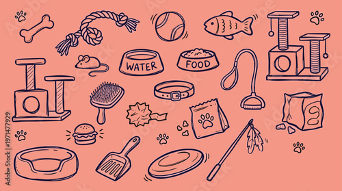 Collection of Pet Supplies and Toys for Cats and Dogs Illustrated in a Simple Doodle Style on a Solid Background