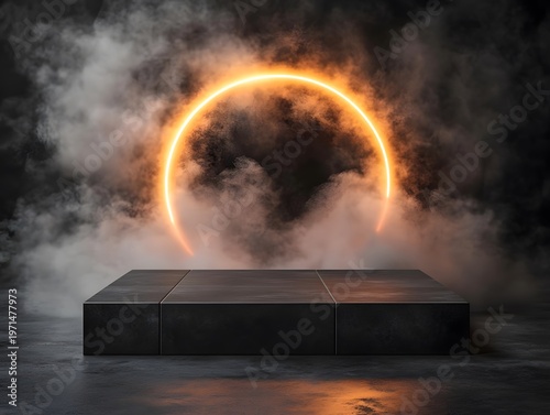 Illuminated circular light frames a dark stone platform set against a backdrop of swirling gray smoke.