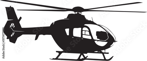 Black helicopter silhouette, aircraft icon, rotorcraft illustration, transportation symbol