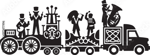 Steampunk train, Victorian carnival, industrial fantasy, black silhouette icons