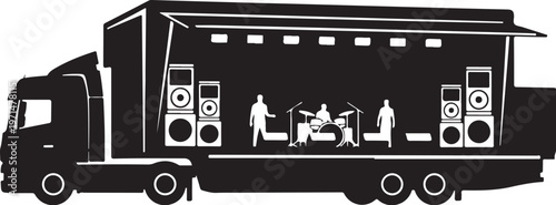 Black truck, music festival vehicle, sound equipment, event transport, DJ tour bus