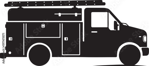 Black fire truck, emergency vehicle, rescue van, silhouette icon