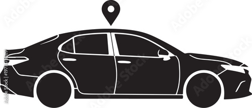 Black car icon, vehicle silhouette, location pin, transportation symbol, modern sedan