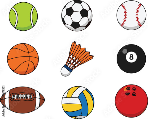 Sports Ball Icon Set Featuring Soccer Basketball Baseball Tennis Volleyball Bowling Billiards and American Football Flat Vector Collection