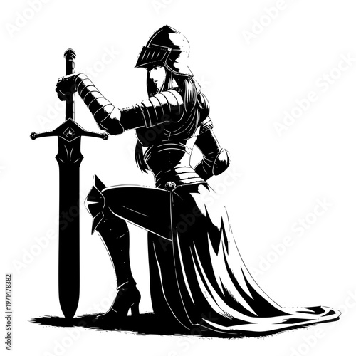 Female knight in armor kneeling with a sword in her hand ready for battle in a striking black and white vector illustration design.