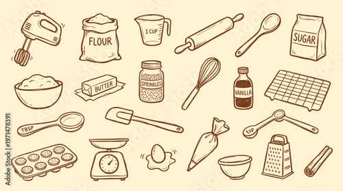 Baking ingredients and kitchen tools illustration for homemade cooking and baking recipes