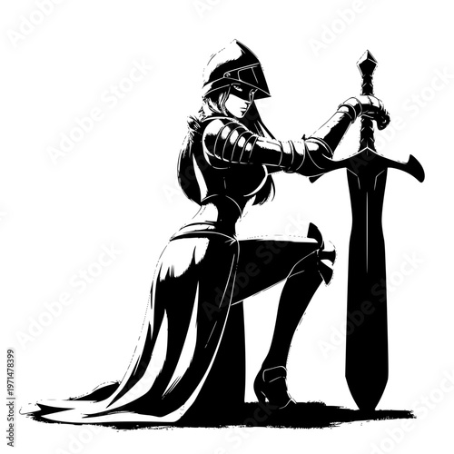 Knight in armor kneeling with a large sword in hand ready for battle