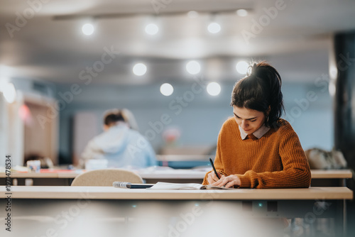 Young female student focused on writing notes at a library or study hall desk. She studies intently in a quiet collegiate workspace with papers and pens.