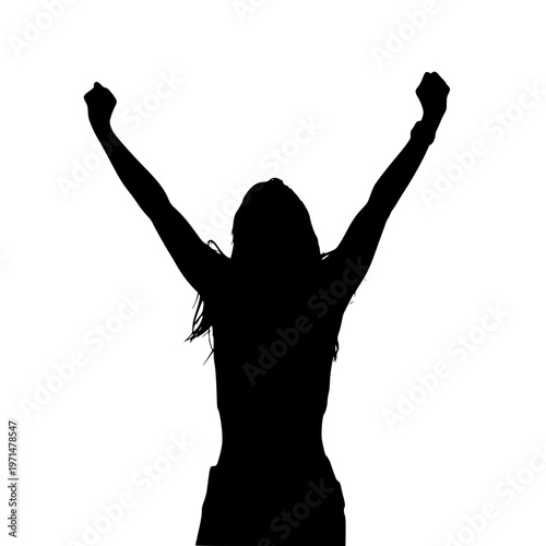 Silhouette of a woman celebrating with her arms raised in a victorious gesture