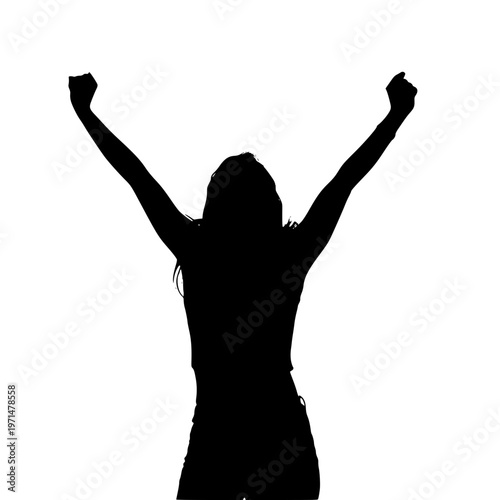 Silhouette of a woman celebrating with her arms raised in triumph and joy isolated on white background in a vector graphic illustration