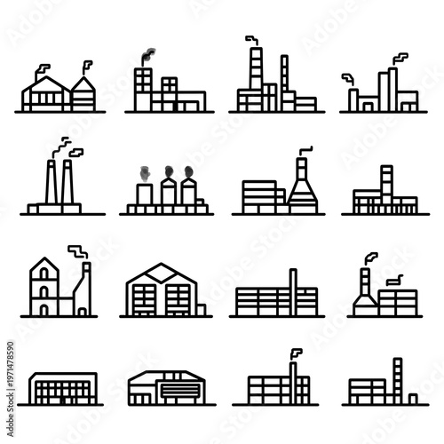 Collection of sixteen industrial factory building line art icons architecture.