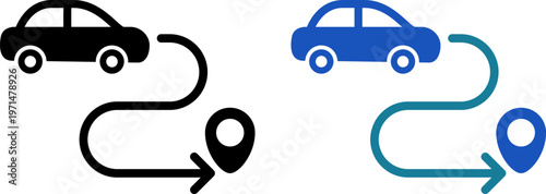 車で目的地へ向かうルートアイコン｜ドライブ・ナビゲーション・カーナビ（Car Route Icon Driving to Destination for Navigation）
