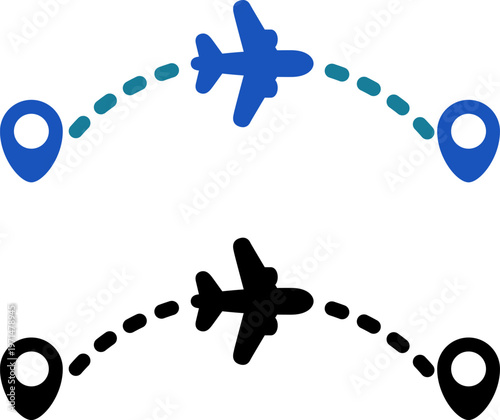 出発地点から到着地点へ向かう飛行機のルートアイコン｜フライト経路・旅行ナビゲーション（Airplane Route Icon from Departure to Arrival for Travel Navigation）
