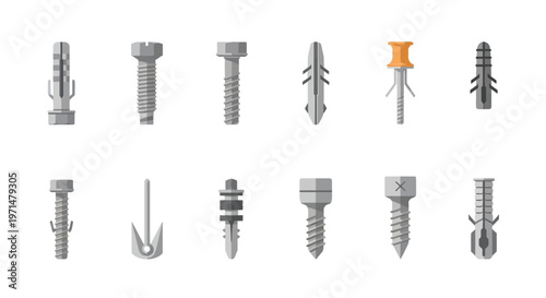 Assorted wall anchors and screws displayed in a flat illustrative style