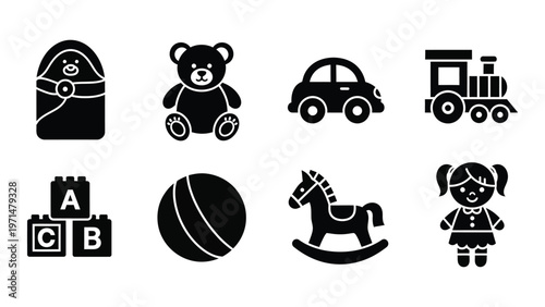A collection of black silhouette icons depicts various baby and toddler toys including a bear car and blocks high quality professional