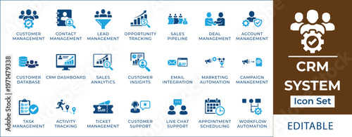 CRM system icon set featuring customer relationship management, sales funnel, lead generation, client support, business analytics, and marketing automation symbols.
