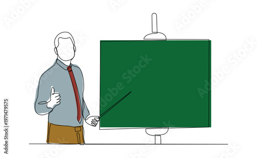 Continuous single line sketch drawing of standing business man doing presentation pointing on board screen projector with stick explain something. One line art vector illustration editable stroke	