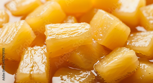 A close up view of fresh pineapple chunks cut into small squares and cooked in a sweet syrup glaze