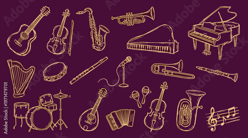 Collection of Hand Drawn Musical Instruments and Notes on Purple Background