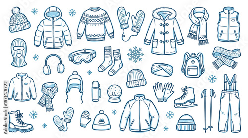 Winter Clothing and Accessories Collection Hand Drawn Sketch Style for Cold Weather Activities and Sports