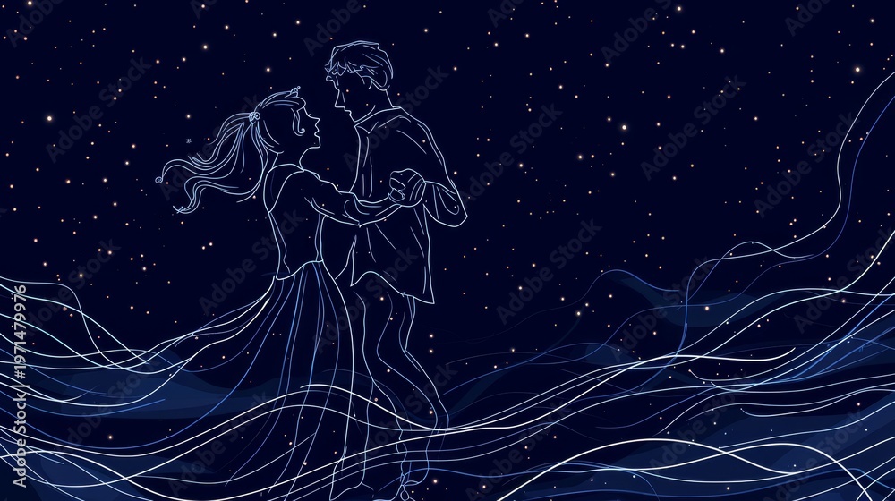 Naklejka premium Elegant couple dancing in a cosmic dreamscape