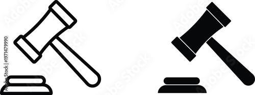 Judge gavel and sound block vector icons, legal auction hammer symbols, black outline and solid silhouette law graphics for justice and court concepts