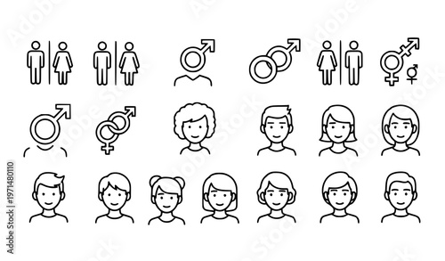 “Linear gender icon set with restroom signs, identity symbols, and user avatars for inclusive modern UI design”