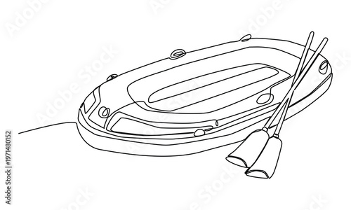 Continuous one line art of inflatable rescue boat with oars floating on water or sea. Simple form and emergency equipment used for aquatic safety. 